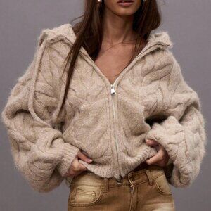 Khaki Casual Women's Chunky Oversized Hooded Cable Knit Sweater